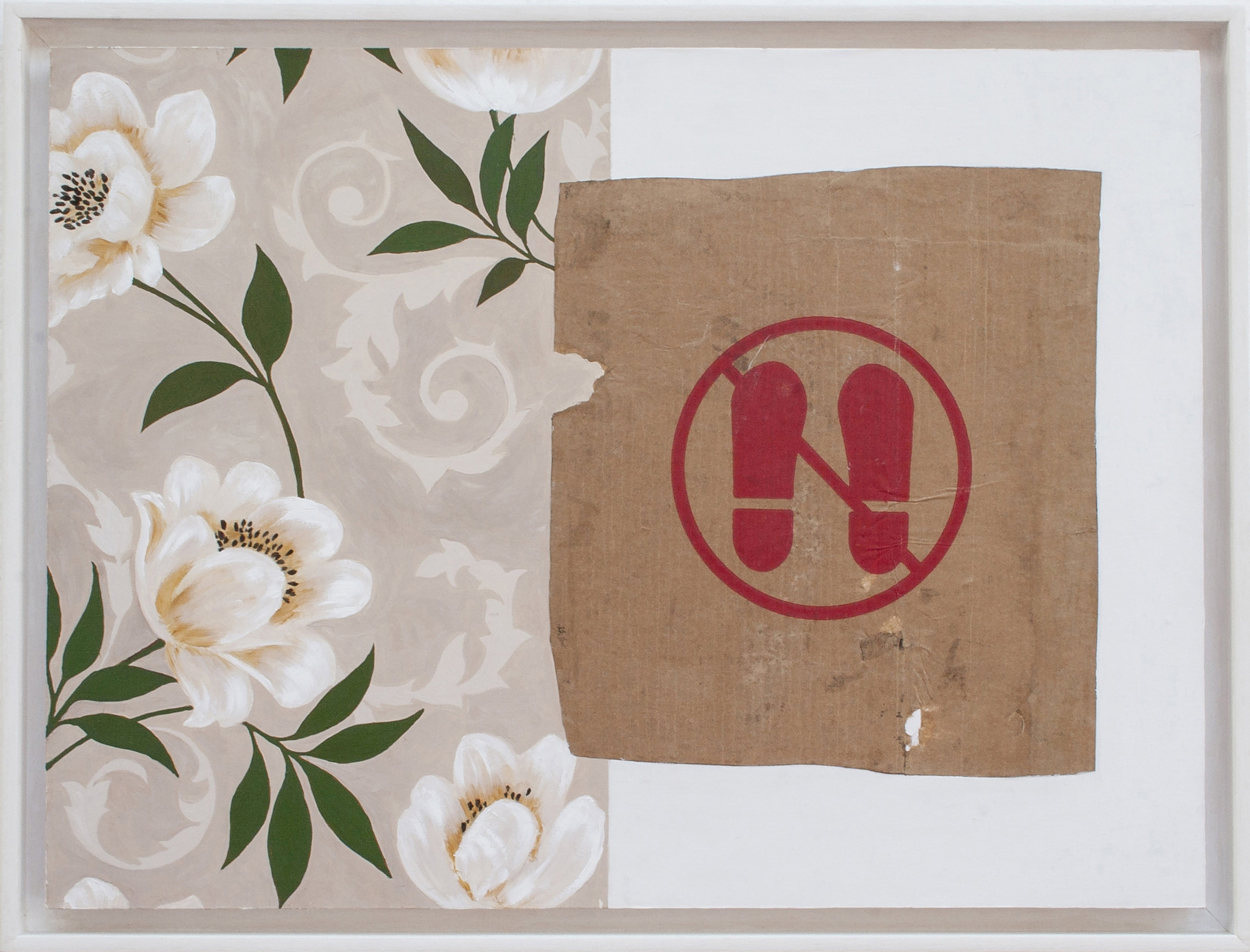 Do Not Walk 2013, found cardboard box fragment and oil paint over wallpaper on paper, 570 x 760mm.