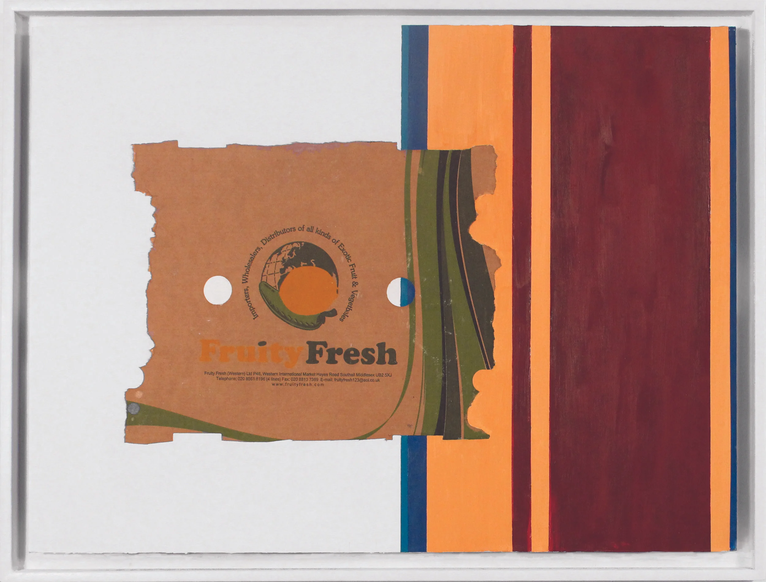 Fruity Fresh 2013, found cardboard box fragment and oil paint over wallpaper on paper, 570 x 760mm.