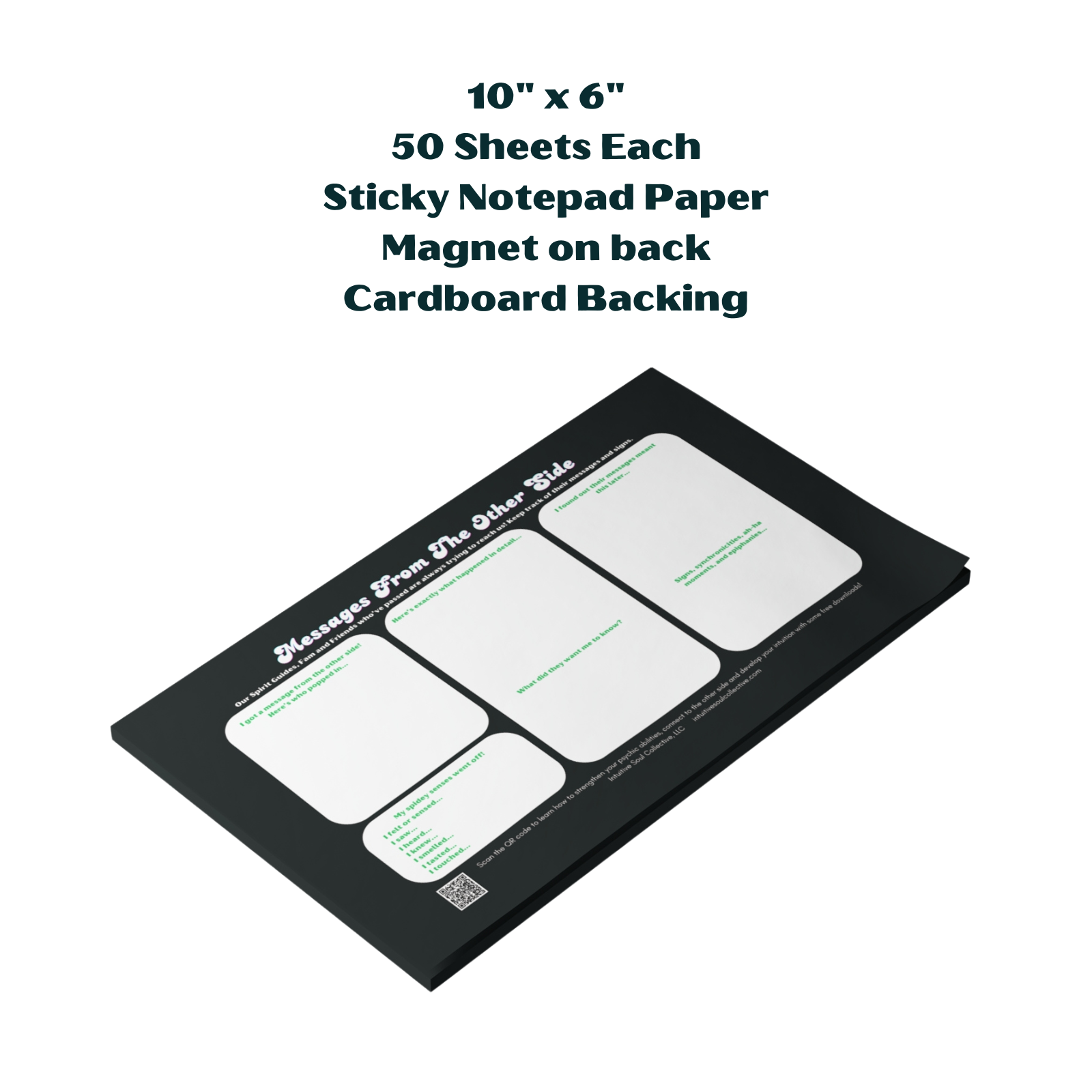 Text on image describes notepad features in photo: "10"x6", 50 sheets each, Sticky Notepad Paper, Magnet on back, Cardboard Backing". notepad is black with white title font, and white text boxes with bright green font prompts