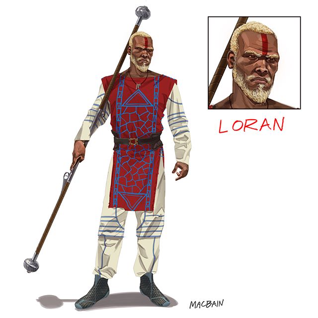 Loran progresses from casual to battle ready.

Loran comes from a long line of peacekeepers called the Paladin who settled on Planet Tscho during the first wave of colonization. He drinks hallucinogenic tea to access dormant portions of the brain. Th