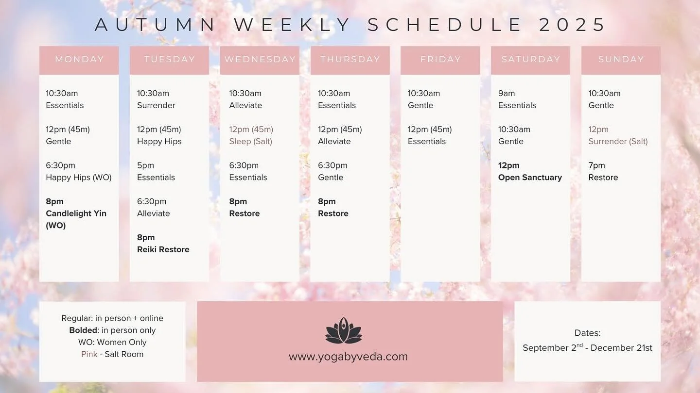 🍂 Our Autumn Schedule is here! 🍂
Starting on Tuesday, cozy into the season with these nourishing yoga classes designed to support your body and mind as the days grow shorter.
Highlights:
🧘‍♀️ Gentle + restorative options every day for deep