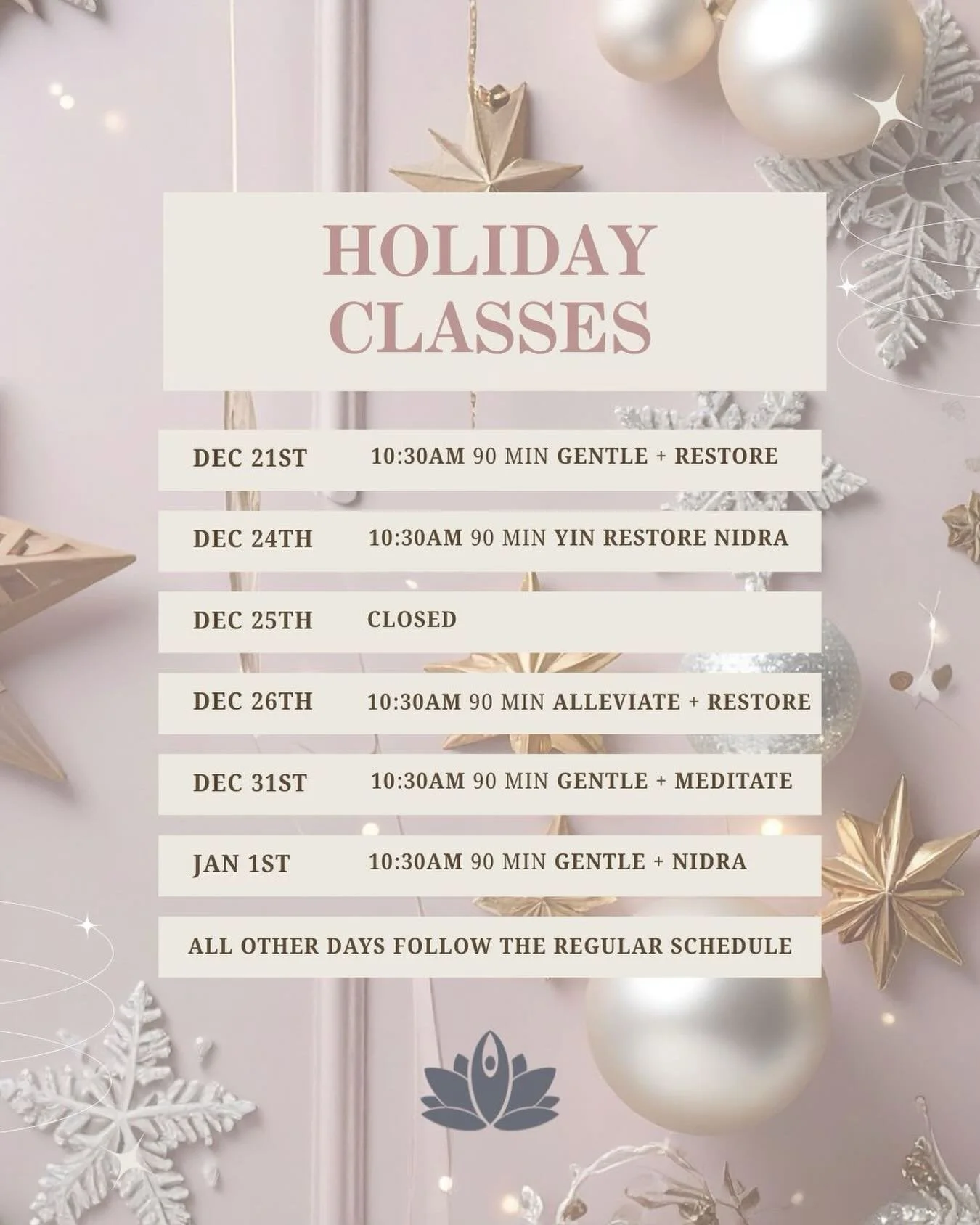 ✨ Holiday classes at Veda ✨

We are open through the Holidays to help you take time for yourself, move your body + rest.

I&rsquo;m working on the last few touches of the Winter schedule, but our Holiday speciality classes are available for booking n