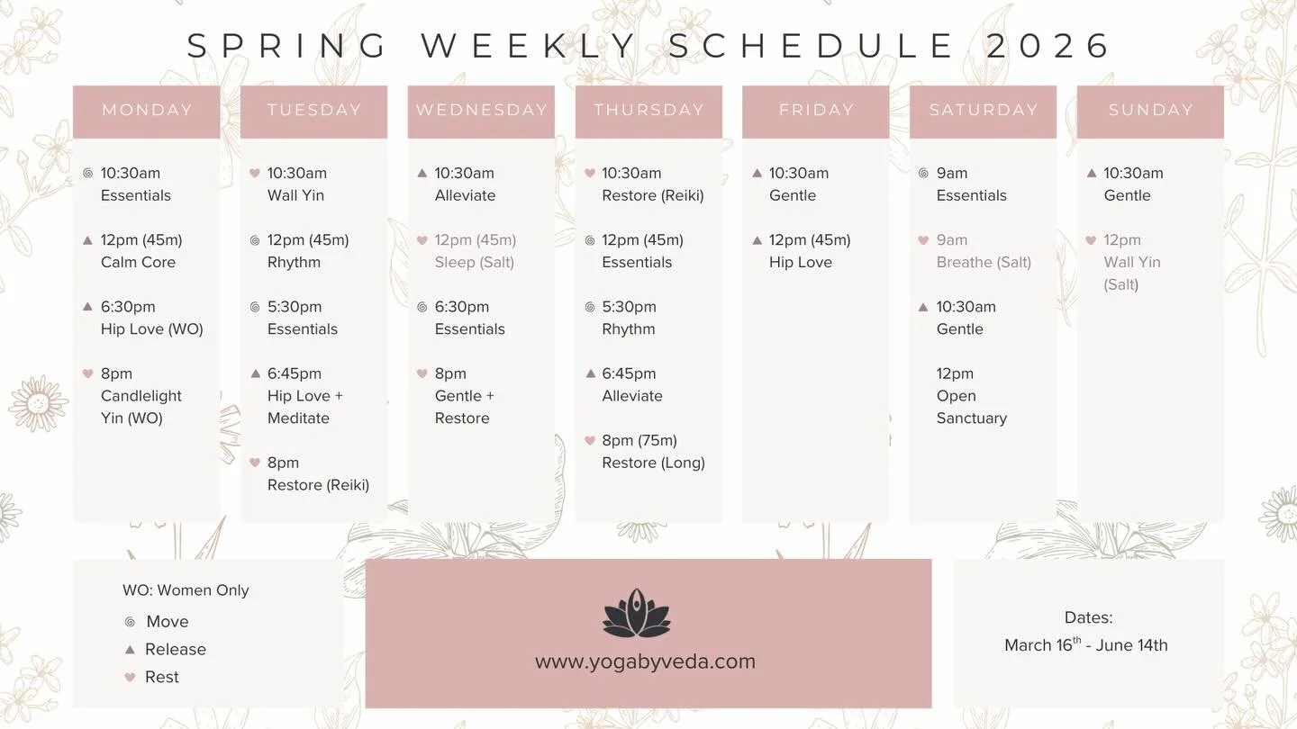 🌸 Spring at Veda 🌼

Our spring schedule is thoughtfully built around three nervous system states: move, release + rest.

If you&rsquo;re looking to move, try classes like Essentials or Rhythm, practices designed to gently build energy and move your