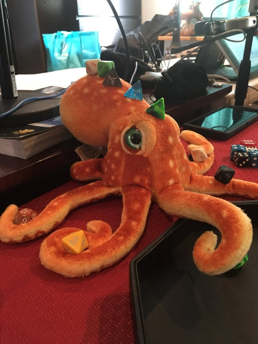 Dice on an octopus.... Corndog stays very still.....