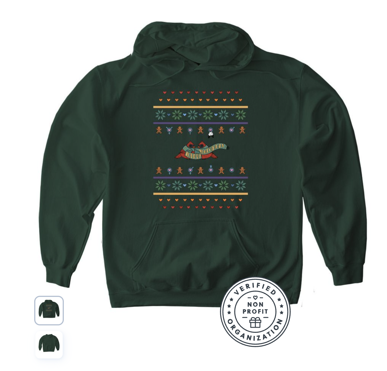 Green Sweatshirt with repeating design and cardinals in the middle