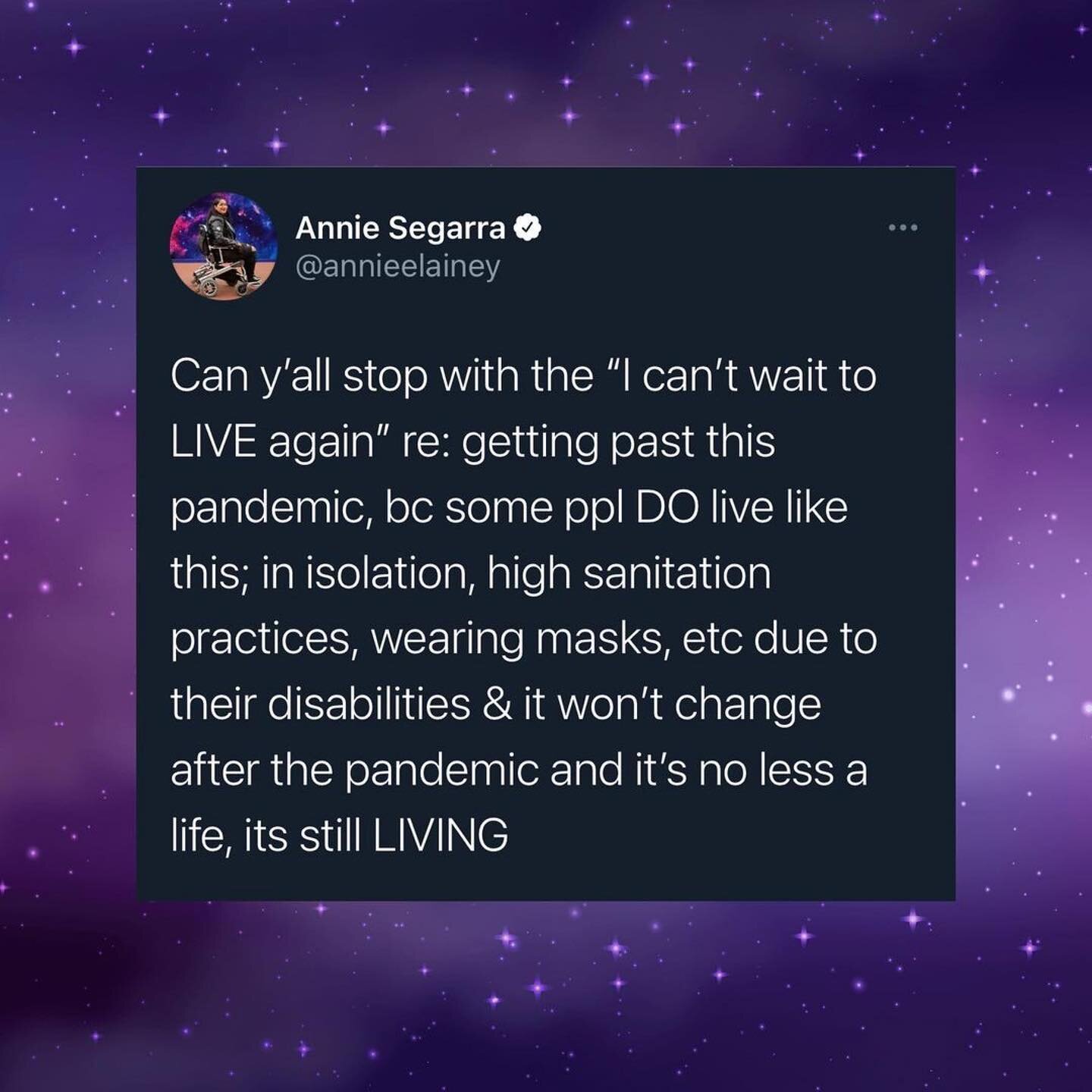 📢📢📢📢#Repost @annieelainey
・・・
Life is not on pause because of pandemic restrictions, this is still life, we are still living it. 

[Description: 8 slides showing individual tweets from one thread by @annieelainey on Twitter, they are bordered wit