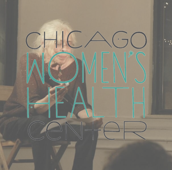 Sign reading 'Chicago Women's Health Center' over a woman called Louise seated and holding a cup.