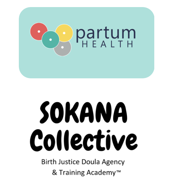 Partum Health logo with colored circles, Sokana Collective text, and description of Birth Justice Doula Agency and Training Academy.