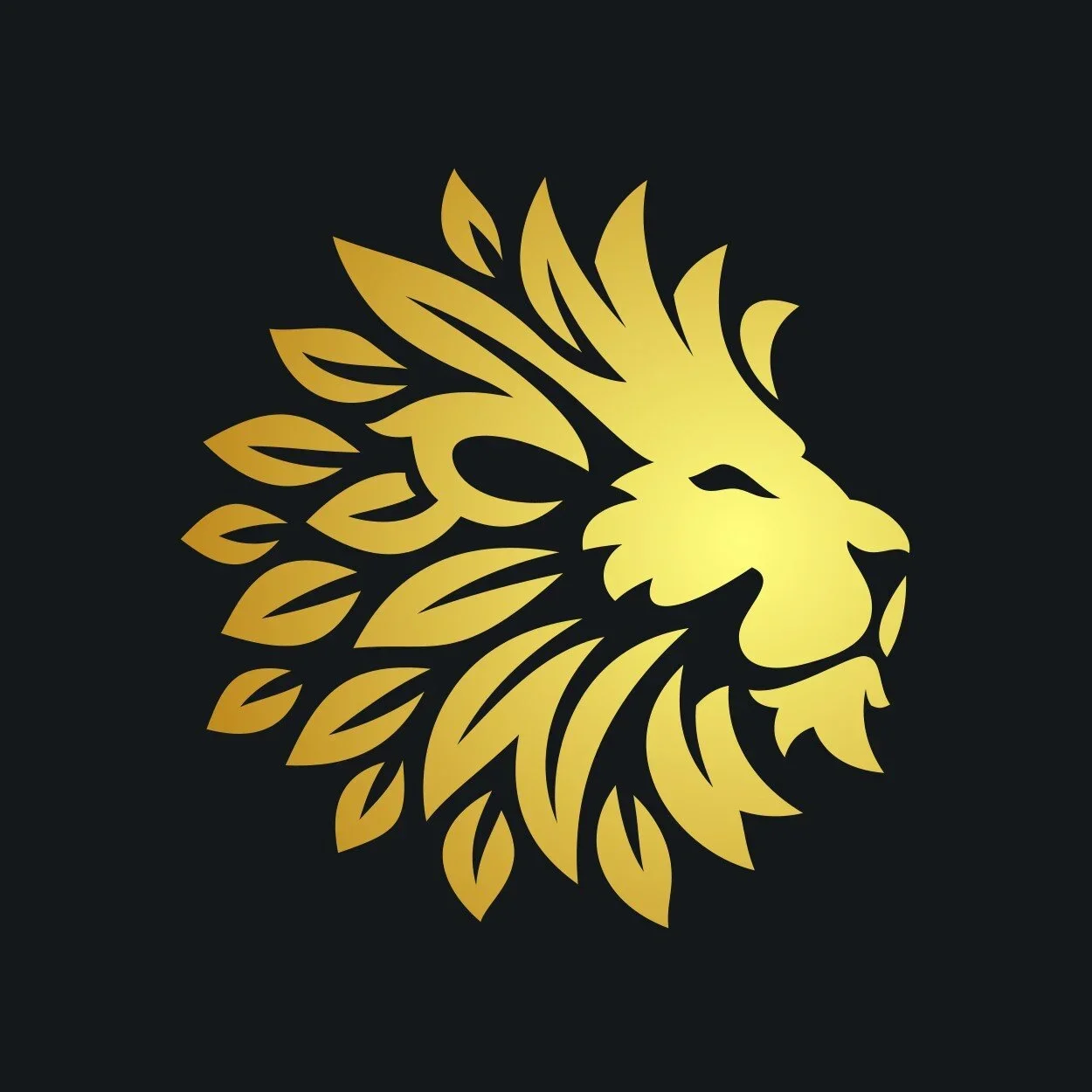 Golden smiling Lion logo with leaves for its mane