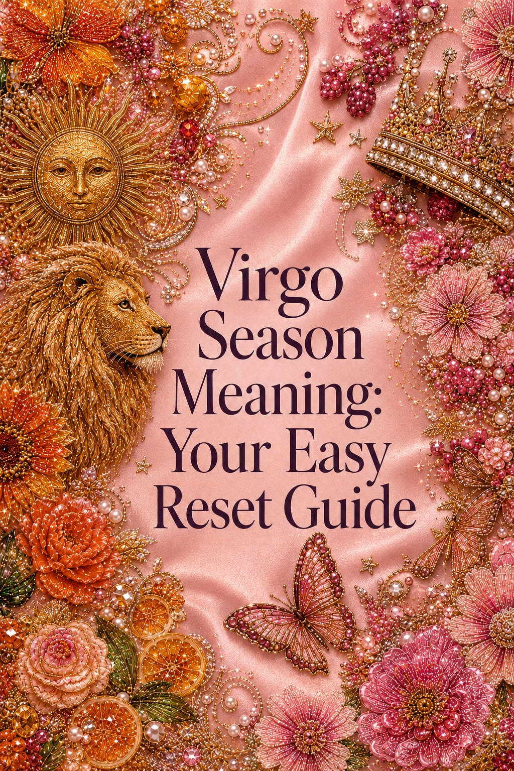 Virgo Season Meaning: Your Easy Reset Guide Pinterest graphic featuring a golden sun and lion, pink jeweled florals, butterflies and celestial Virgo season details.