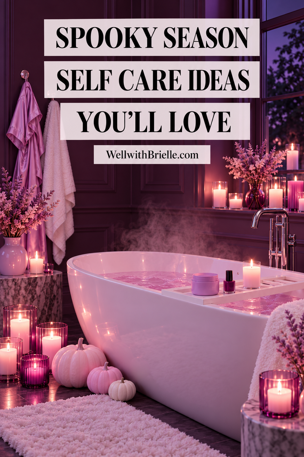 Spooky Season Self Care Ideas You'll Love Pinterest pin with a candlelit bath in a plum bathroom