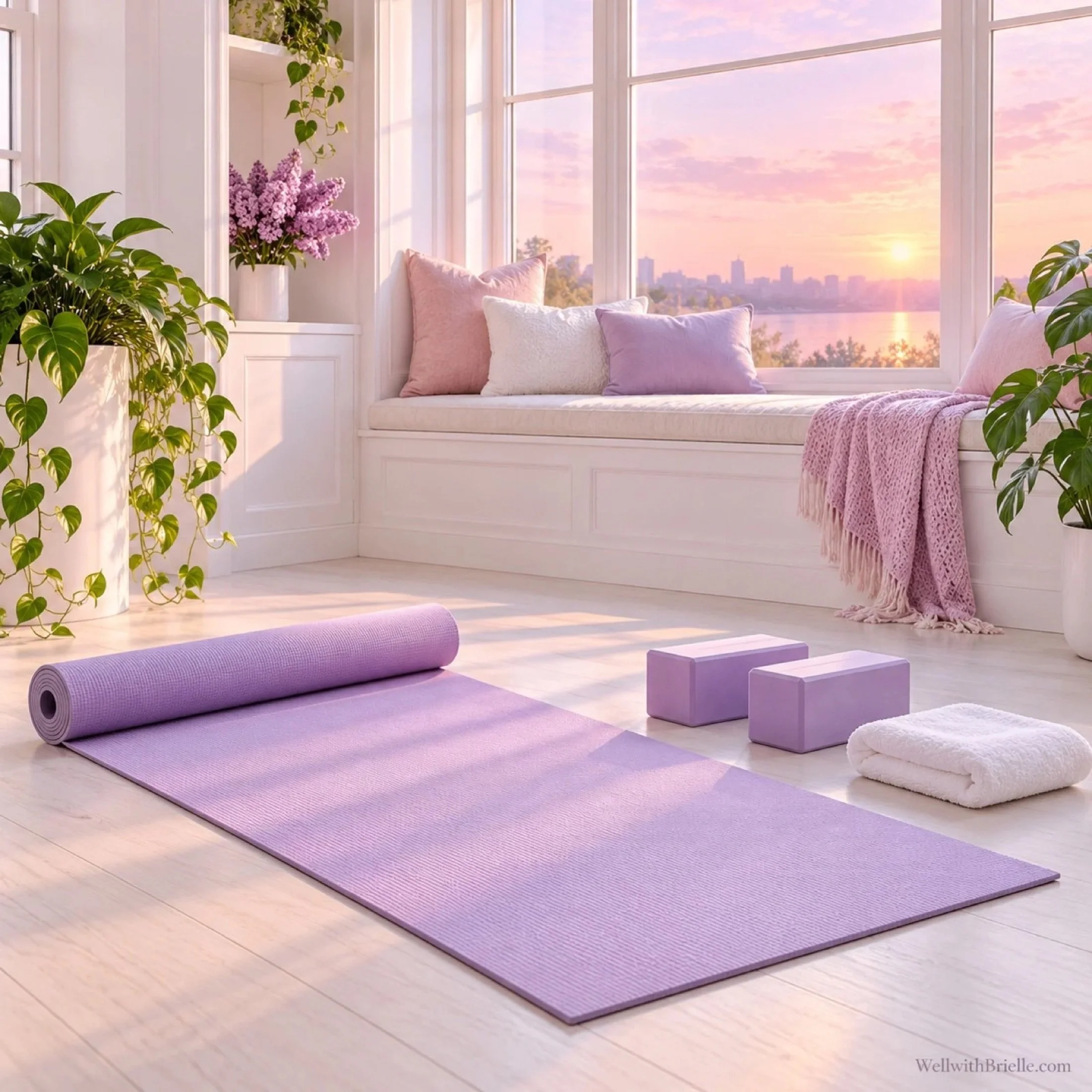 Lilac yoga mat and blocks in a bright sunset room