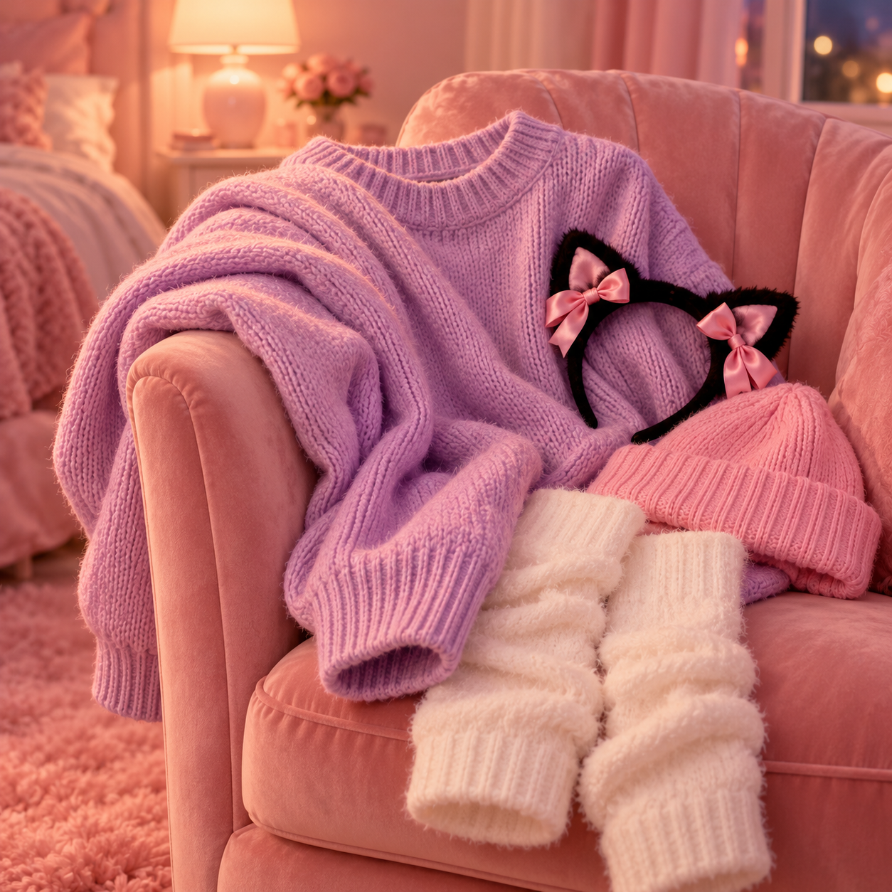 Cozy costume pieces on a blush velvet armchair: lilac knit sweater, cat ears headband, pink beanie and white leg warmers