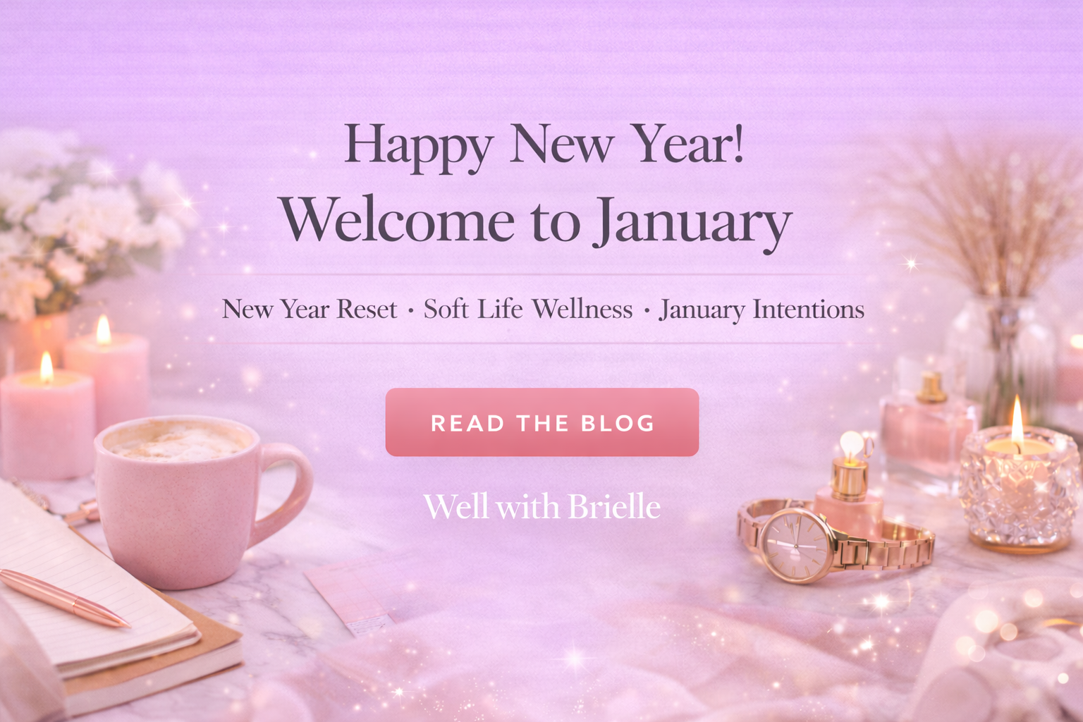 Well With Brielle featuring a lilac gradient background with the text “Happy New Year! Welcome to January,” styled with soft pink candles, a cozy coffee mug, journal, and elegant gold accents representing a calm New Year wellness res