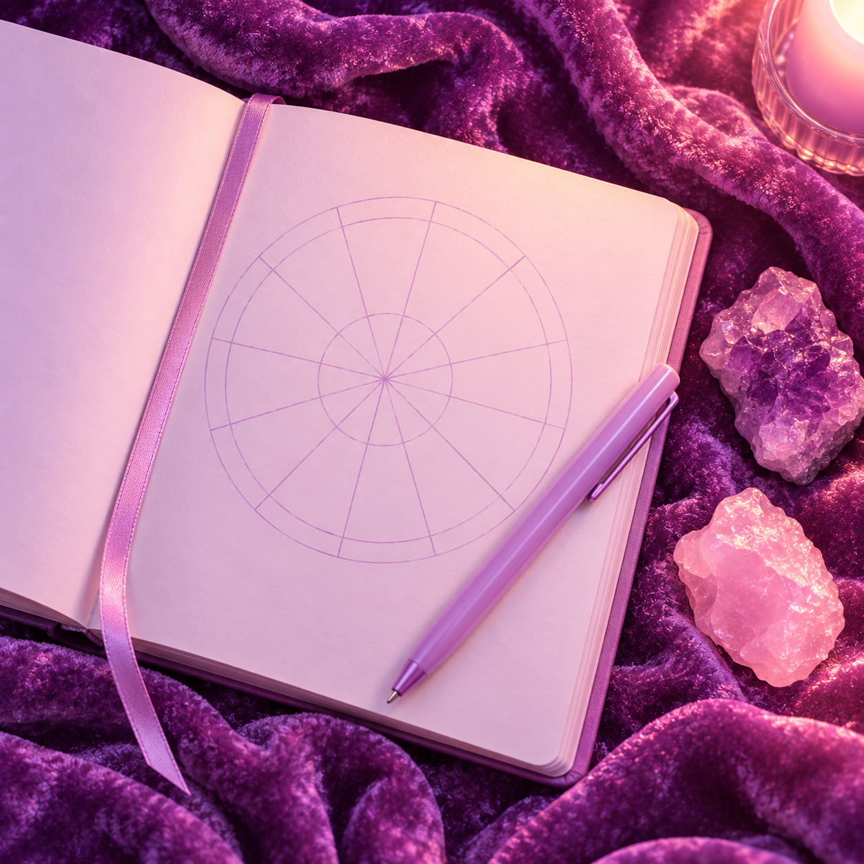 Open journal with a lilac birth chart wheel, a lilac pen, amethyst and rose quartz on violet velvet