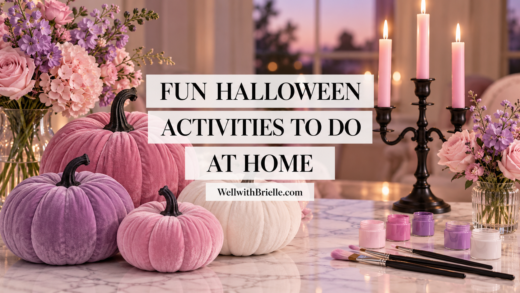 Fun Halloween activities banner with pink, lilac and white velvet pumpkins, pink candles and paint pots on marble