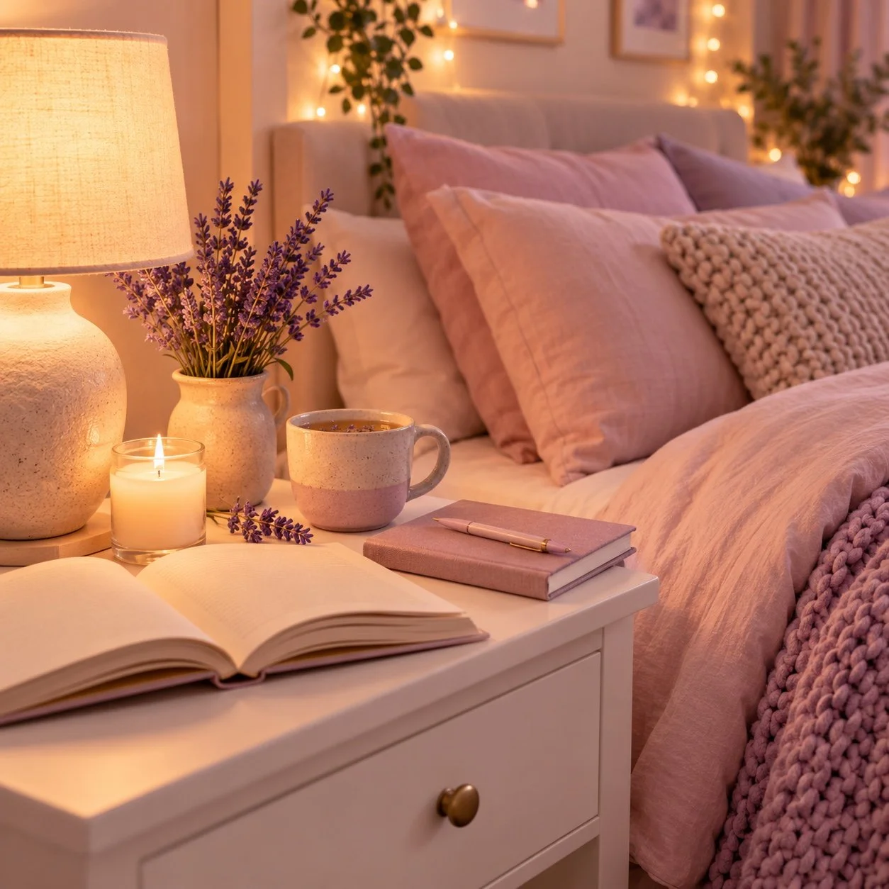 A cozy nightstand with an open book, journal, herbal tea, a candle and lavender for a calming sleep routine