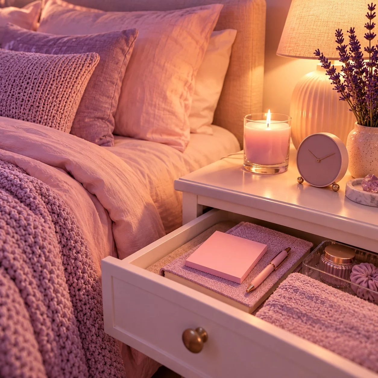 An open nightstand drawer with a pink sticky note and pen for a night time routine checklist