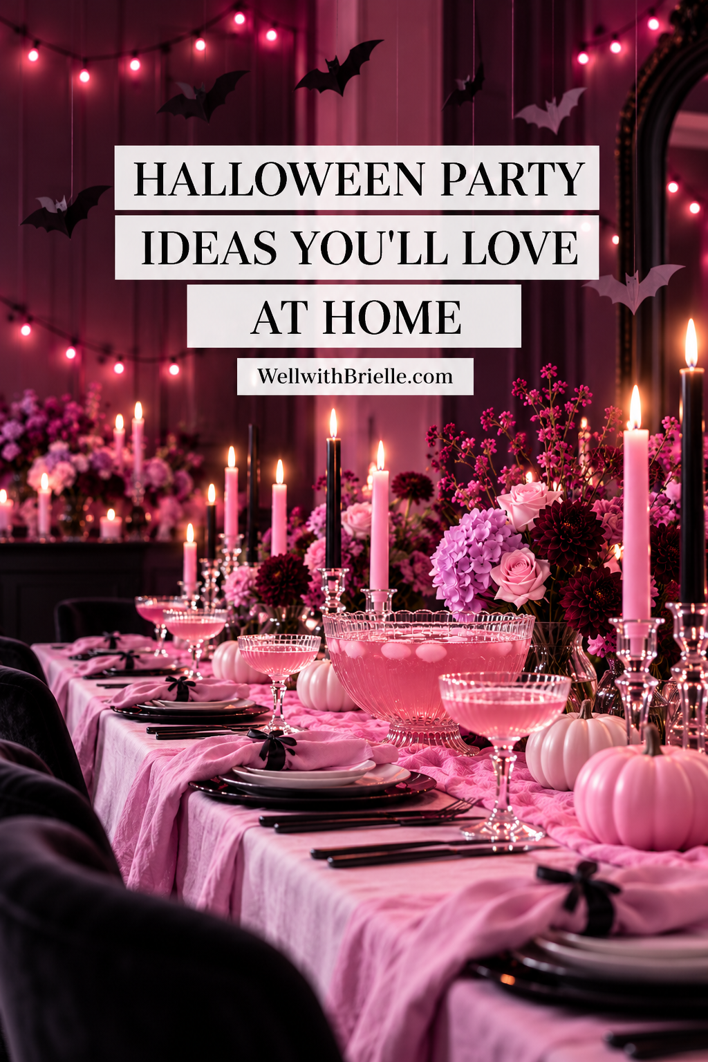 Halloween Party Ideas You'll Love at Home Pinterest pin with a candlelit pink and black party table