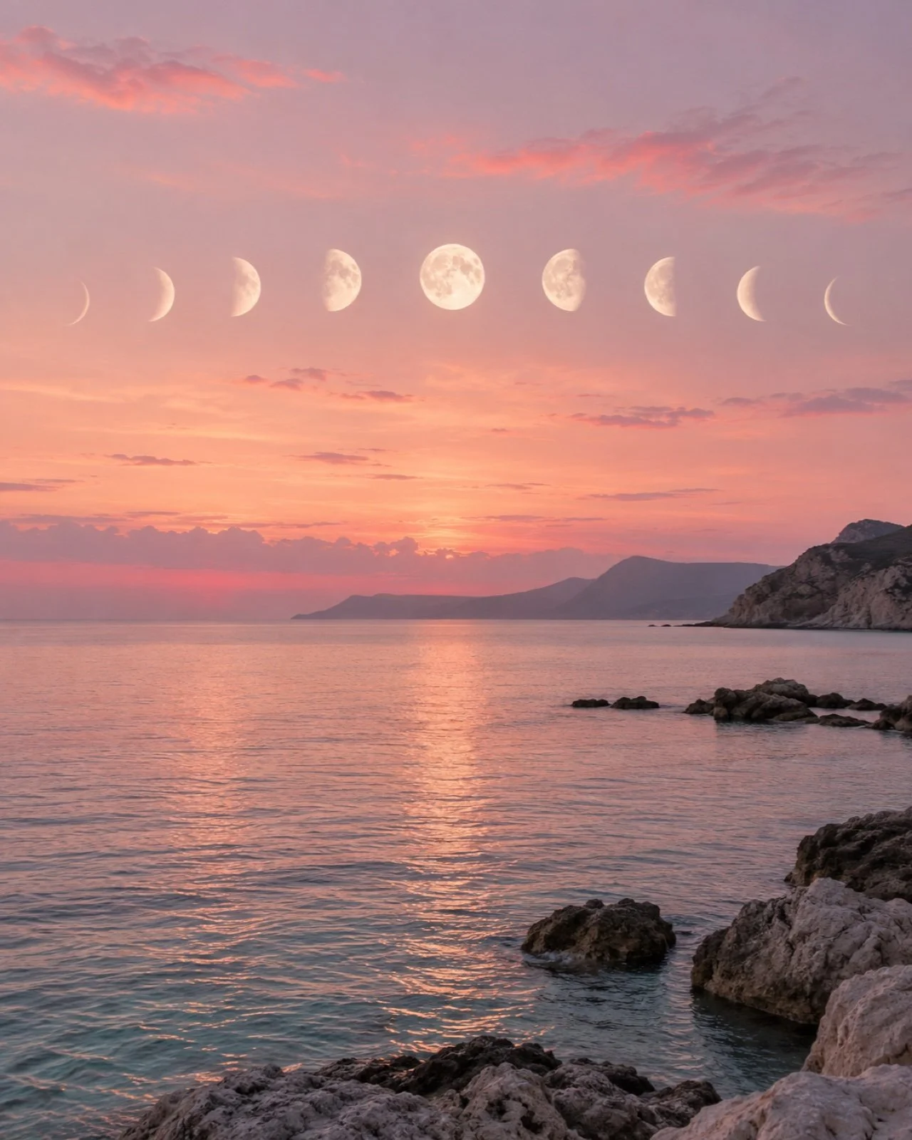 Moon phases over a pink ocean sunset