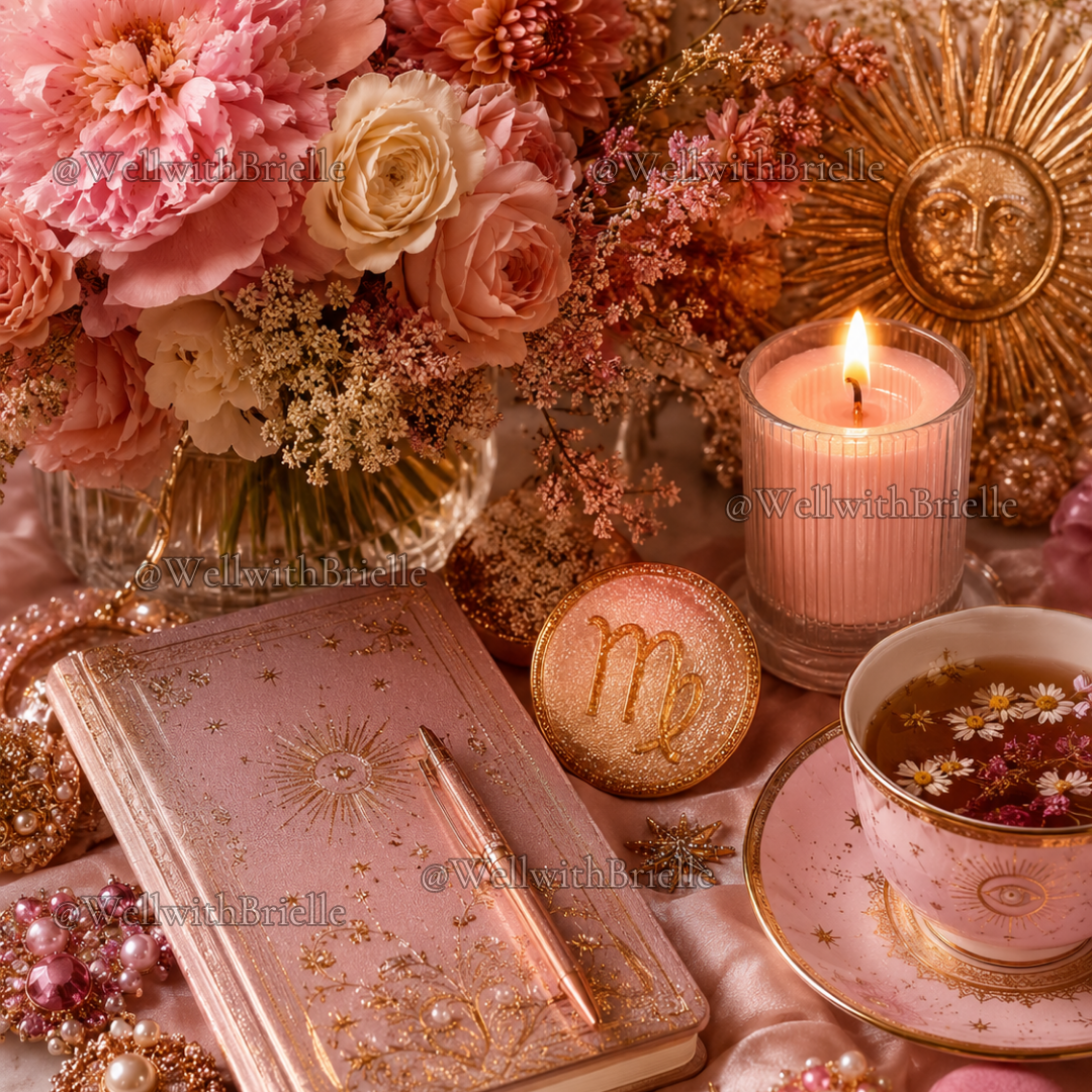 Romantic astrology flat lay with flowers, candle, Virgo symbol, journal, and tea in blush and gold tones.