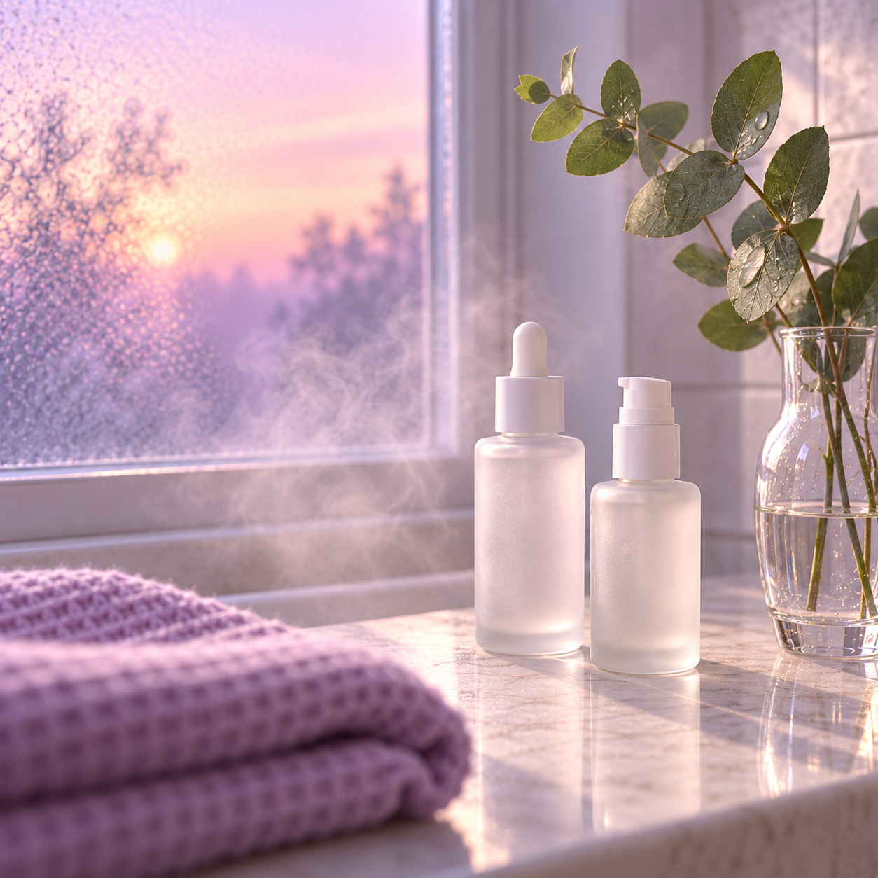Frosted serum bottles and eucalyptus by a frosted window in soft dawn light