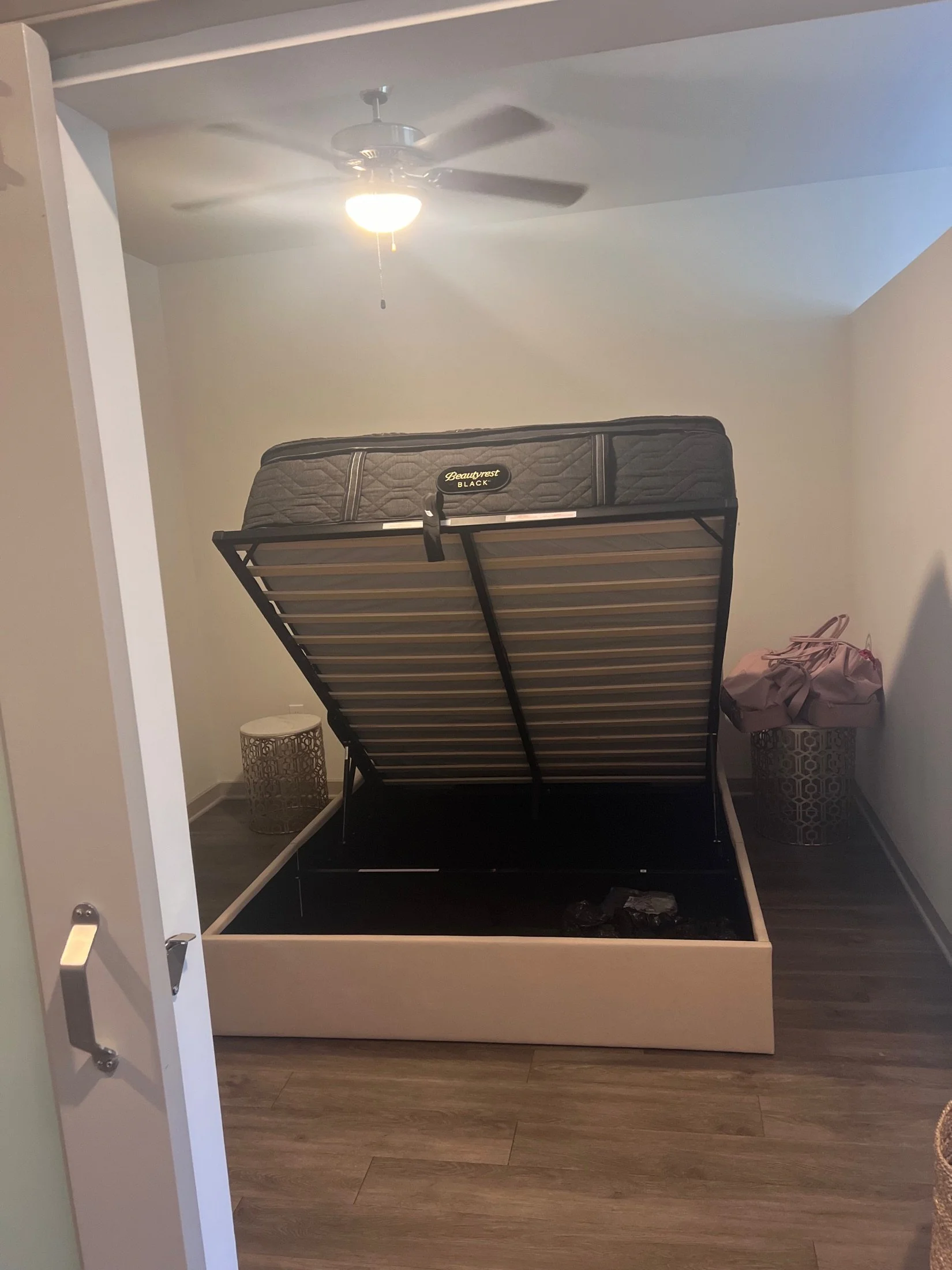 Lift up storage bed frame opened