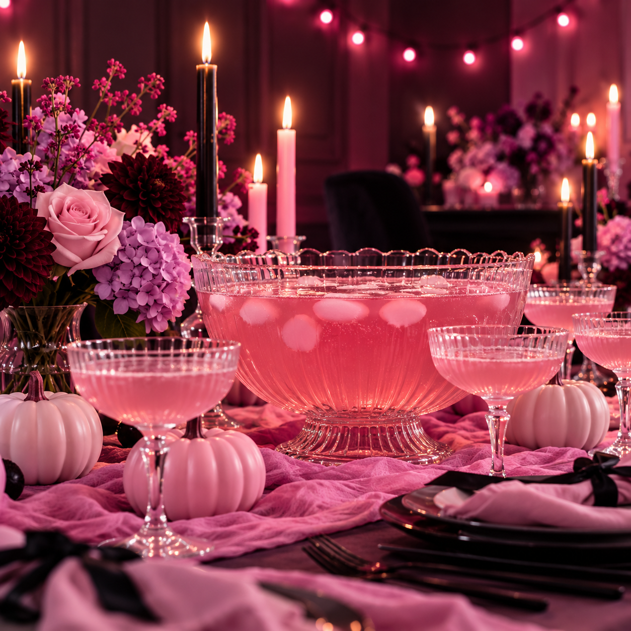 Pink punch bowl with coupe glasses, pale pink pumpkins and candles on a party table