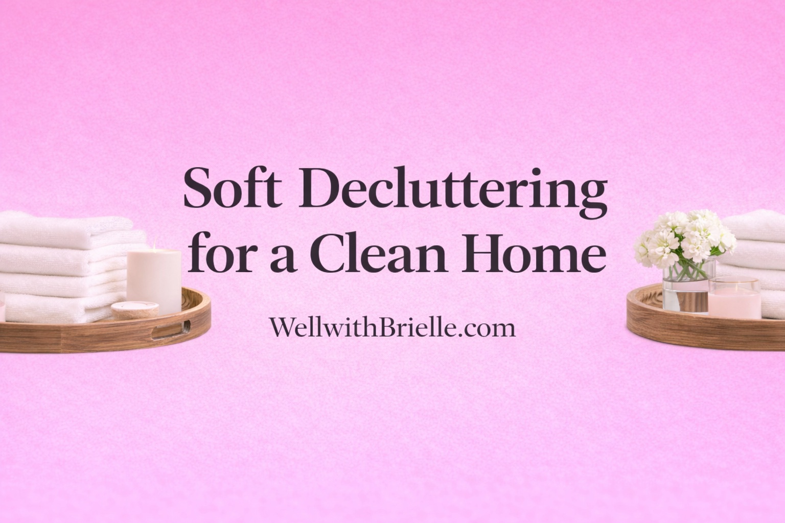Soft decluttering for a clean home with pink background, styled towels, candles, and minimalist home decor
