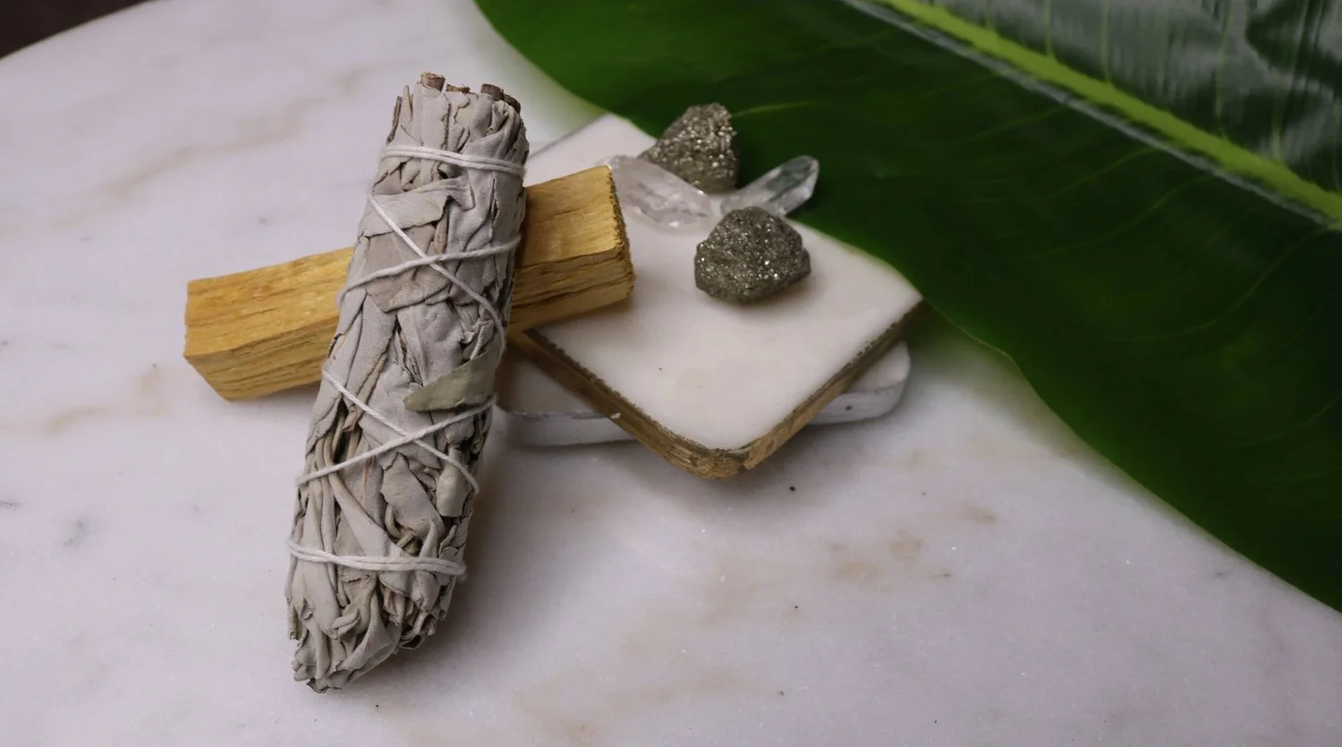 Sage bundle and crystals for a calming ritual