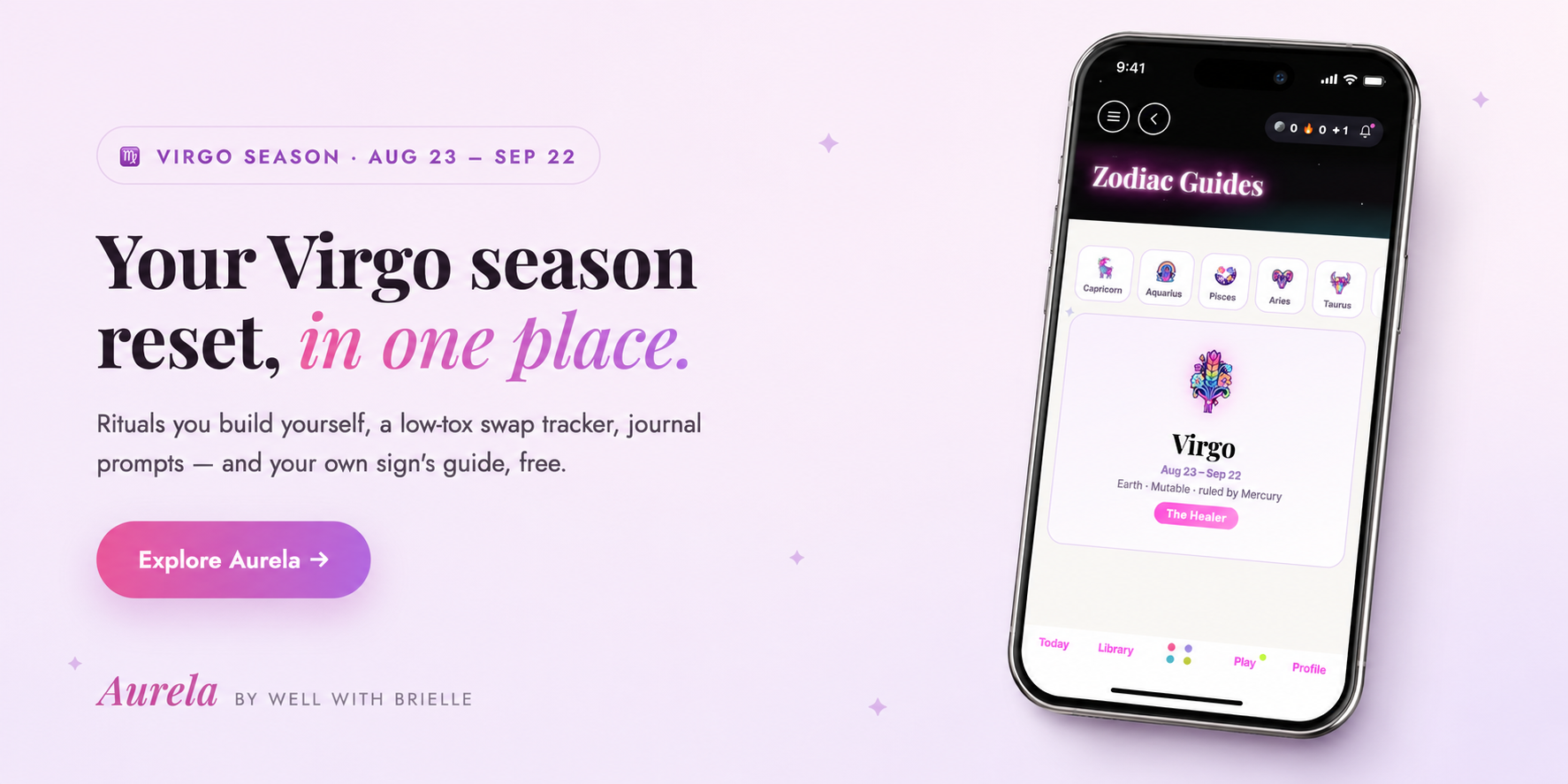 Aurela Virgo season reset promo featuring the app’s Virgo Zodiac Guide on a phone screen with copy about rituals, low-tox swaps, journal prompts, and exploring your sign.