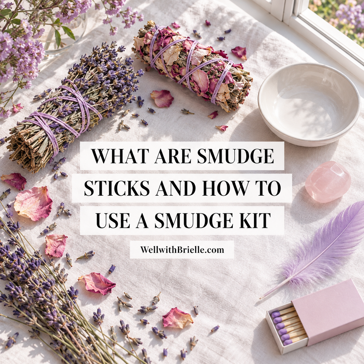 Smudge sticks with lavender, rose petals, a rose quartz and a feather