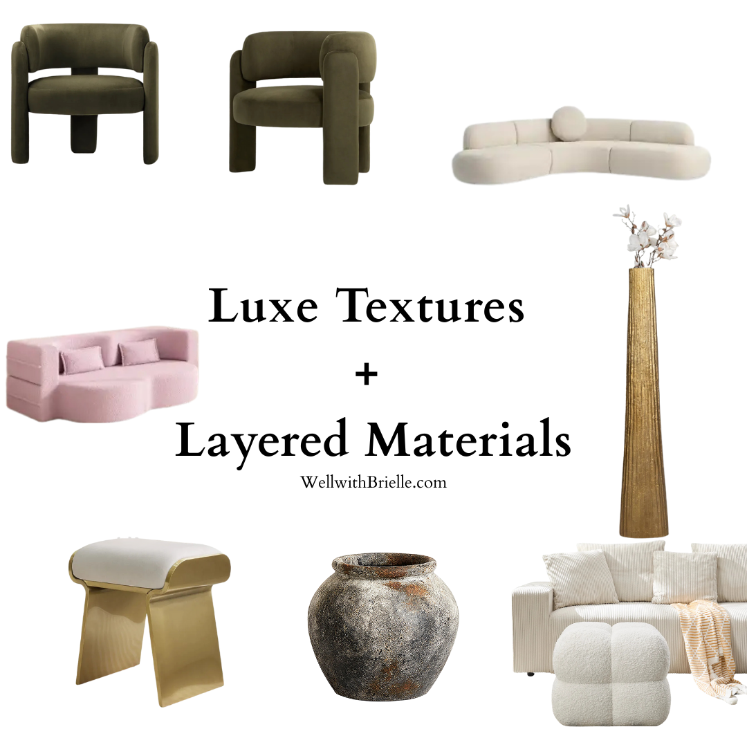 Luxe textured furniture with velvet boucle linen and sculptural materials for a layered soft luxe home.