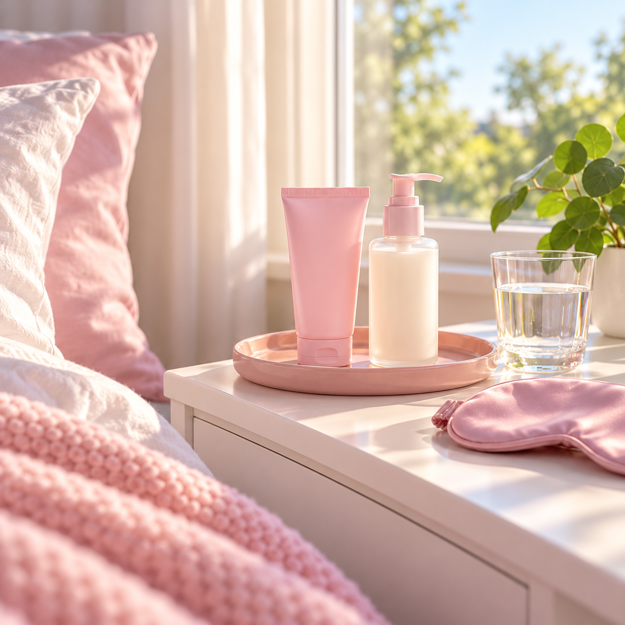 Morning skincare on a sunny nightstand with a pink sunscreen tube, gentle cleanser and a glass of water