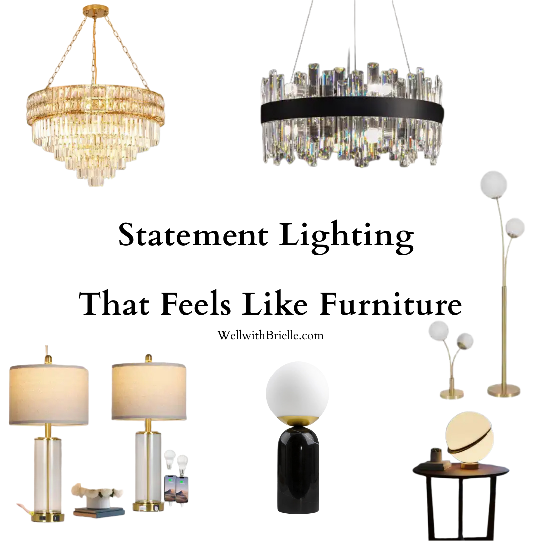 Statement lighting pieces for a chic home including gold chandeliers globe lamps and modern floor lamps.