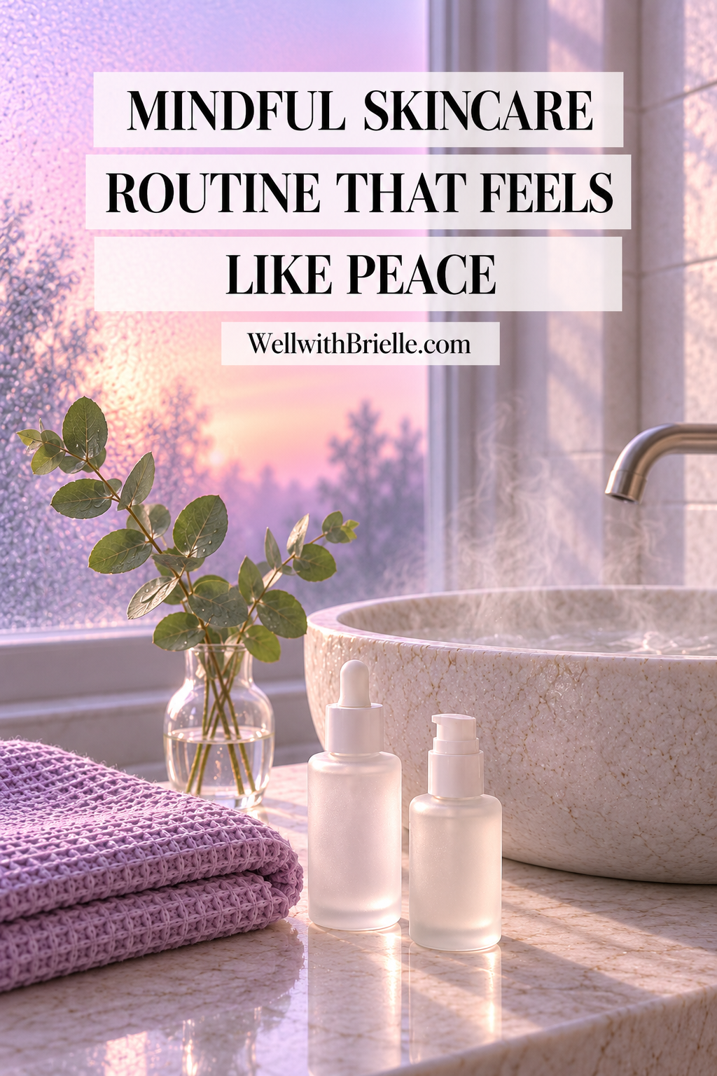 Mindful Skincare Routine That Feels Like Peace Pinterest pin with a stone basin, lilac towel and serum bottles at dawn