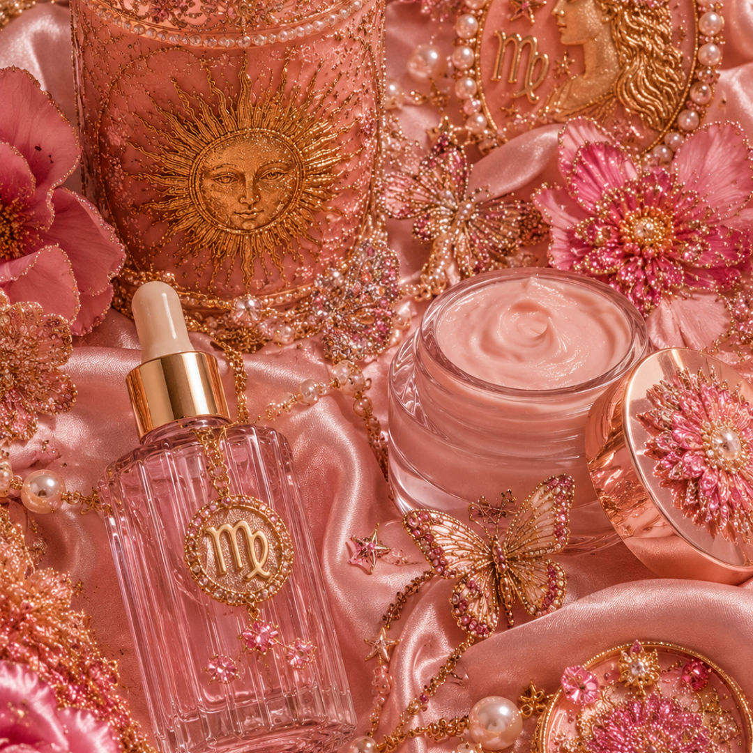 Pink and gold beauty flat lay with skincare, perfume, candle, butterflies, pearls and celestial details on satin.