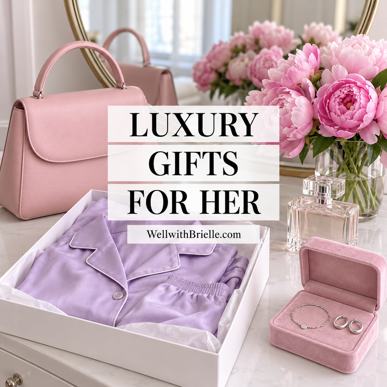 Luxury gifts for her with a pink handbag, lilac pajamas, perfume and a jewelry box with a bracelet and earrings