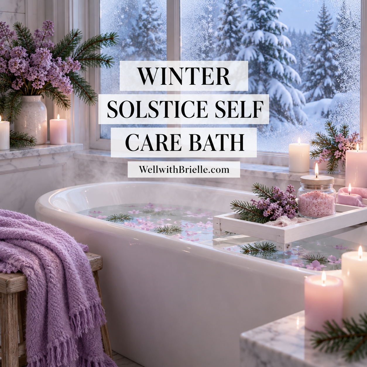Winter solstice self care bath with candles, lilac flowers and a snowy window view