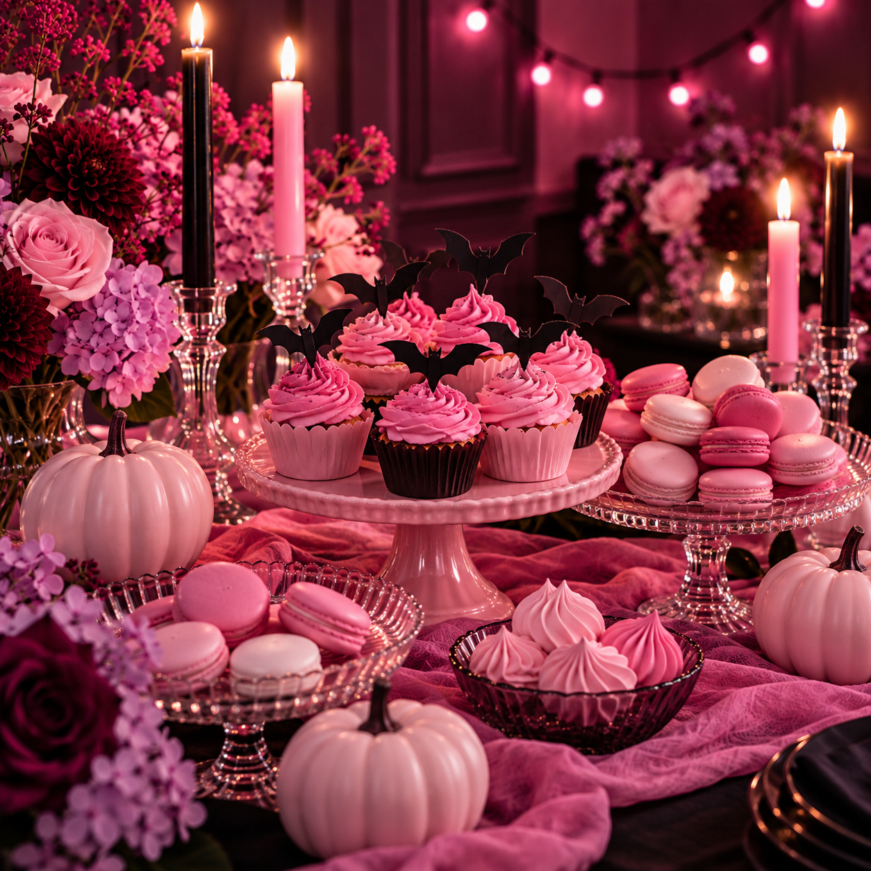 Halloween dessert table with pink cupcakes topped with paper bats, macarons and candles