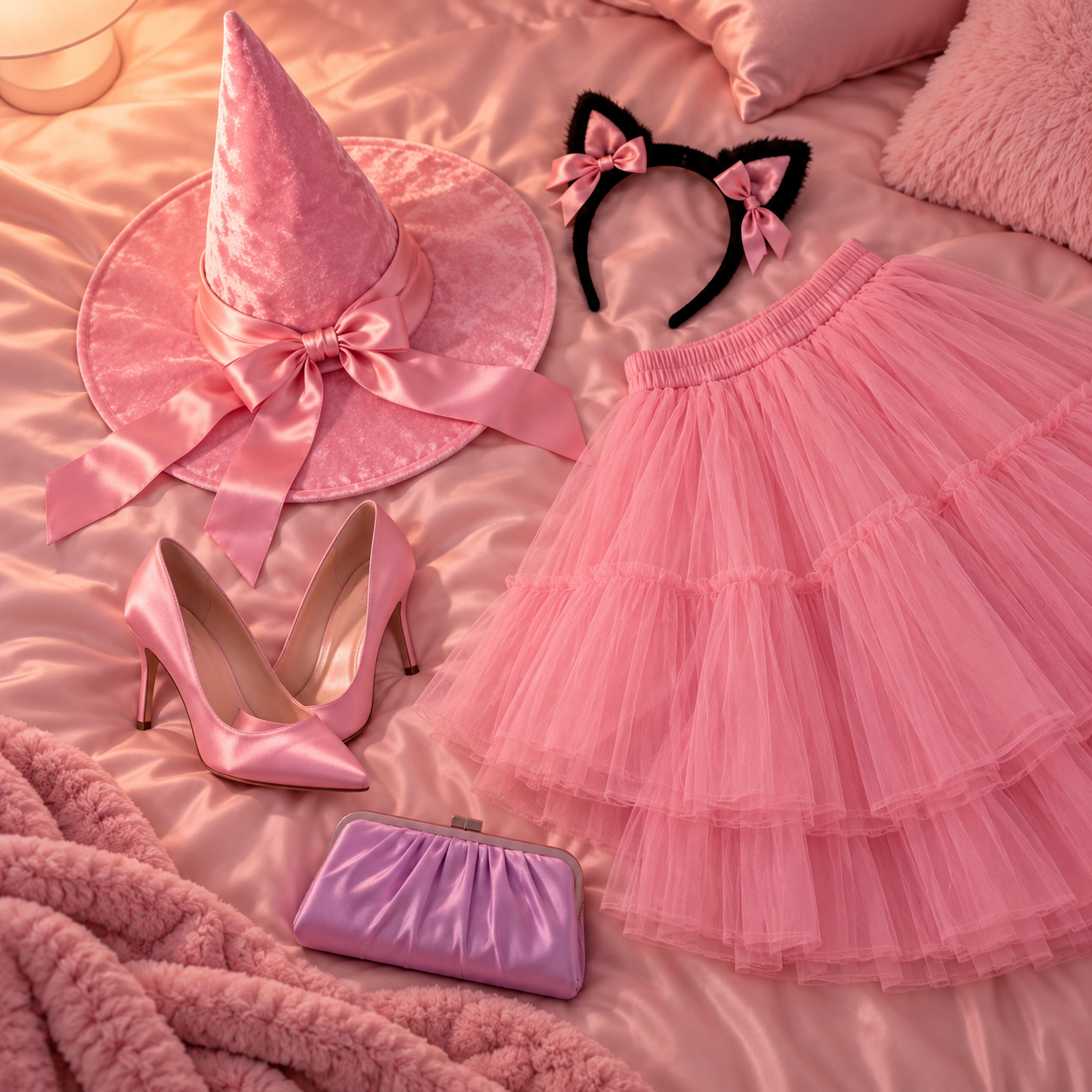 Flat lay of easy costume pieces: pink witch hat, cat ears headband, pink tulle skirt, pink satin heels and a lilac clutch