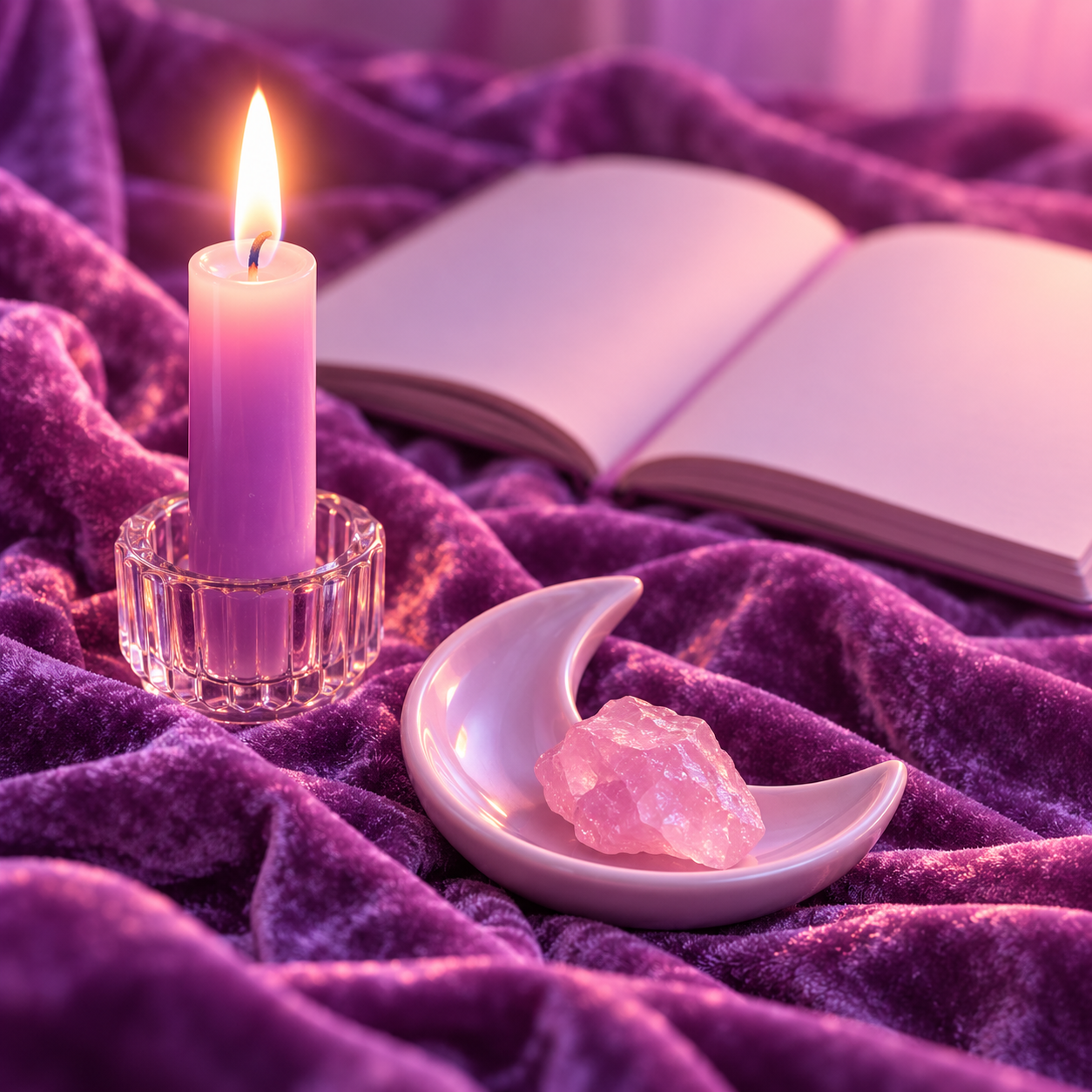 Lilac candle and a crescent moon dish holding rose quartz on violet velvet