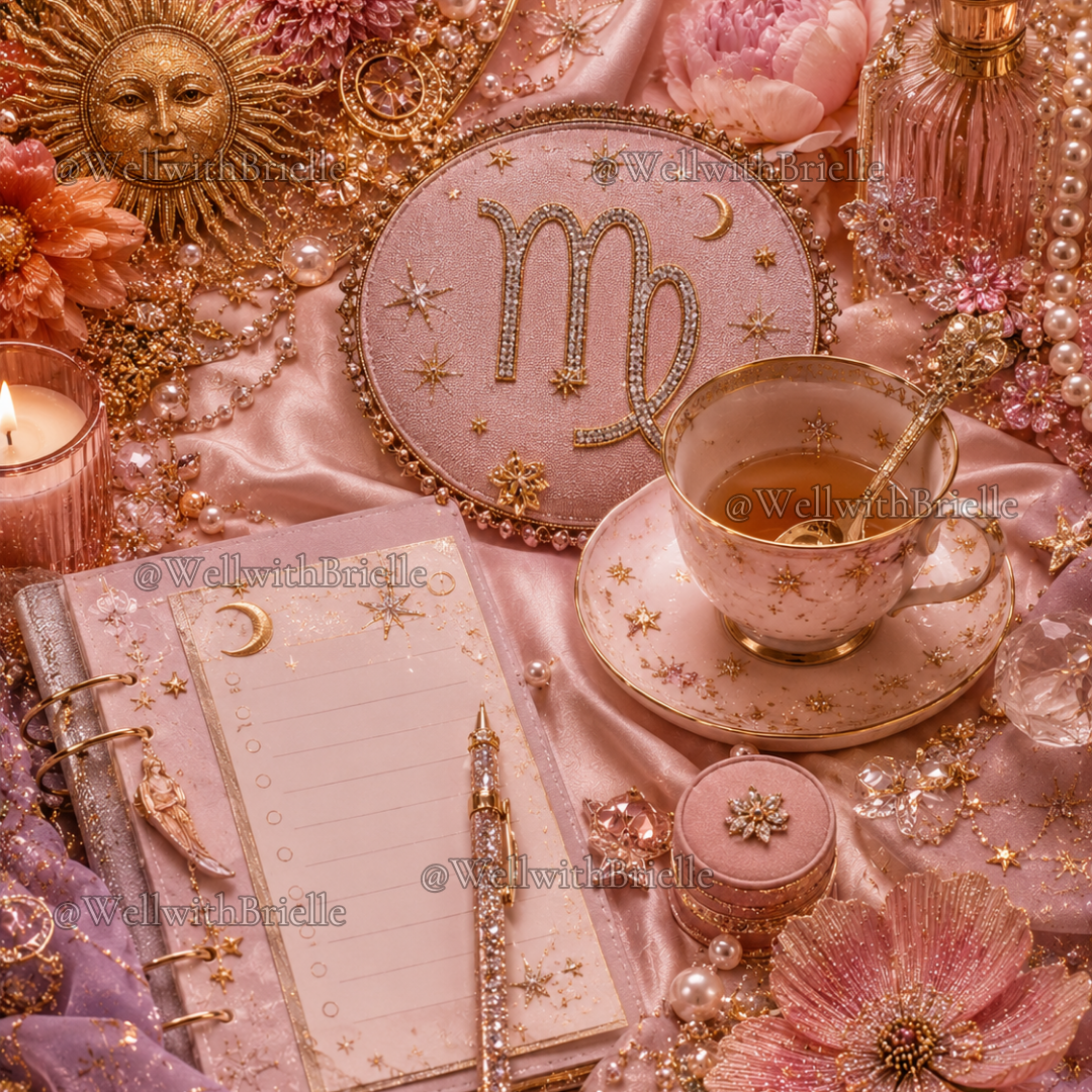Rose gold Virgo themed flat lay with a Virgo symbol plaque, tea cup, planner page, candle, and perfume.