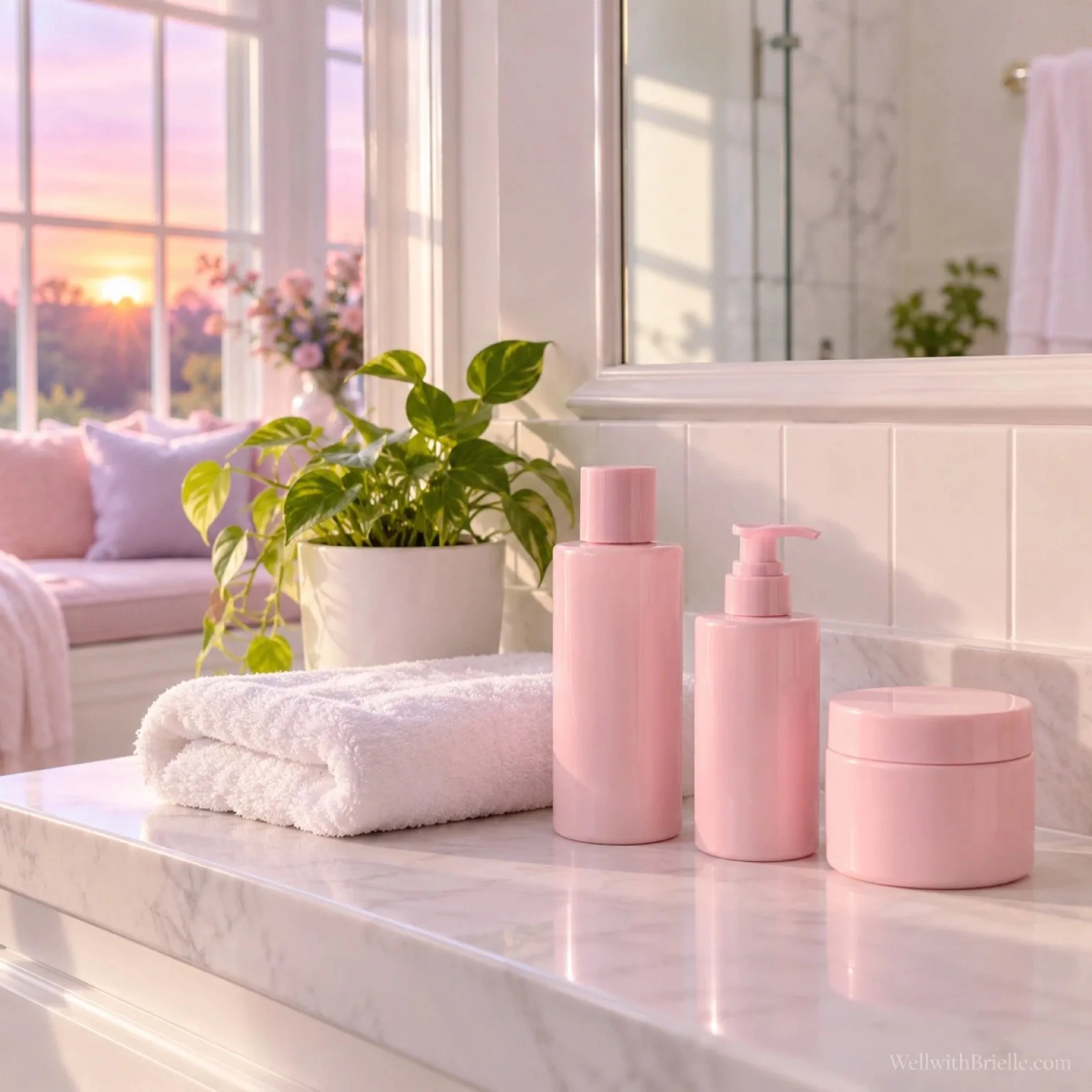 Pink bath products and a fluffy towel in a sunny bathroom