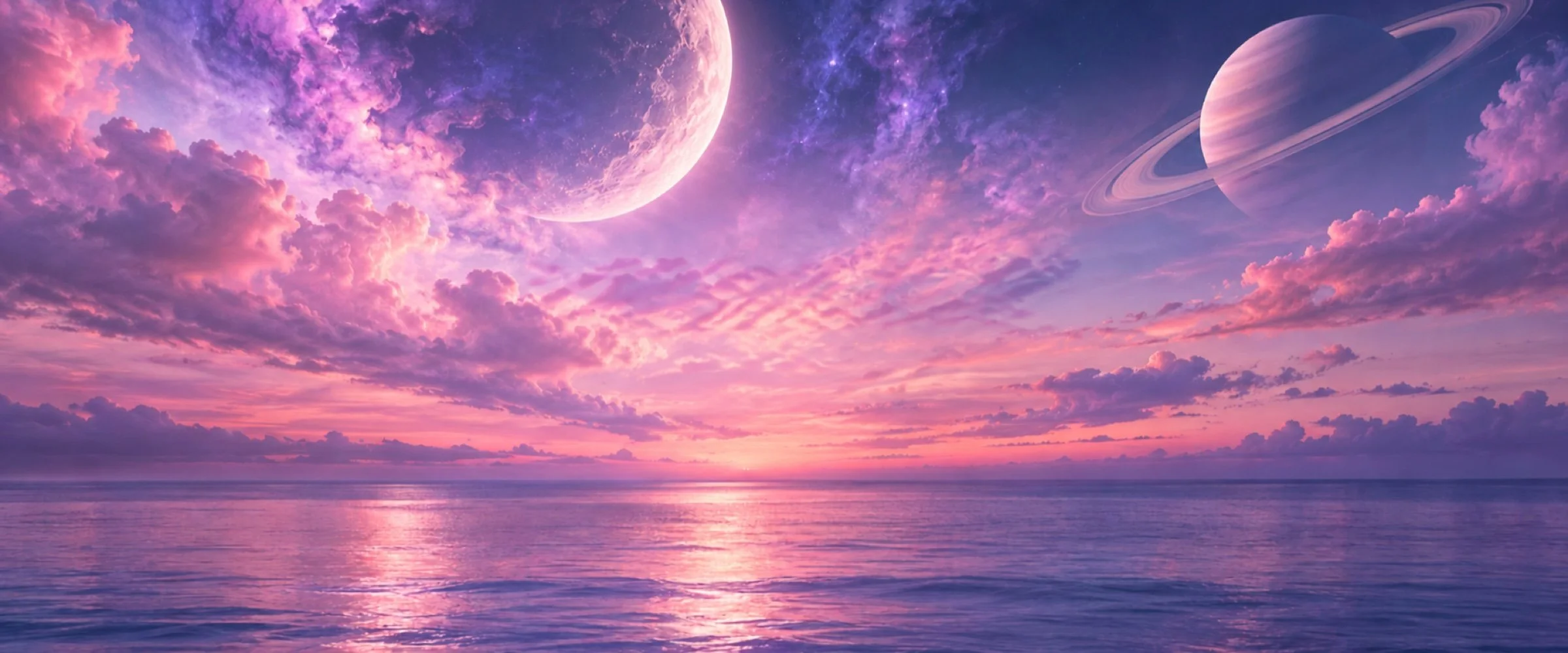 Crescent moon and ringed planet over a pink and lilac ocean sky