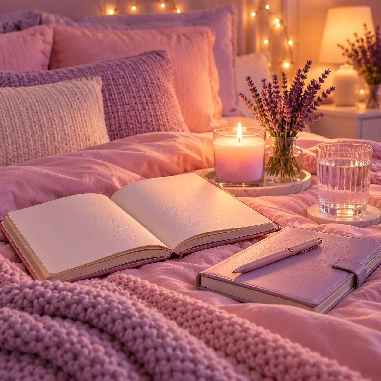 An open journal and planner on pink bedding with a candle, lavender and a glass of water for a sleep well routine