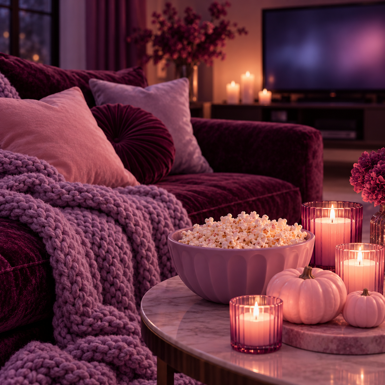 Fall movie night on a plum velvet sofa with a lilac knit blanket, popcorn, candles and pink pumpkins