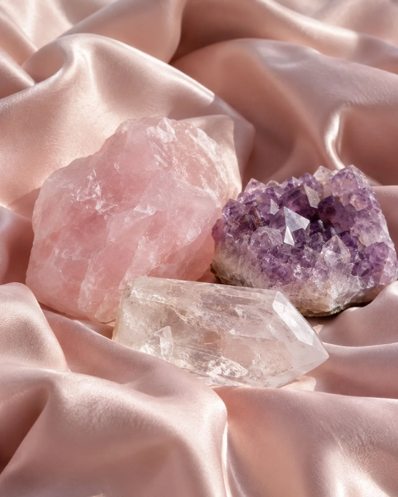 Rose quartz and amethyst crystals on pink satin