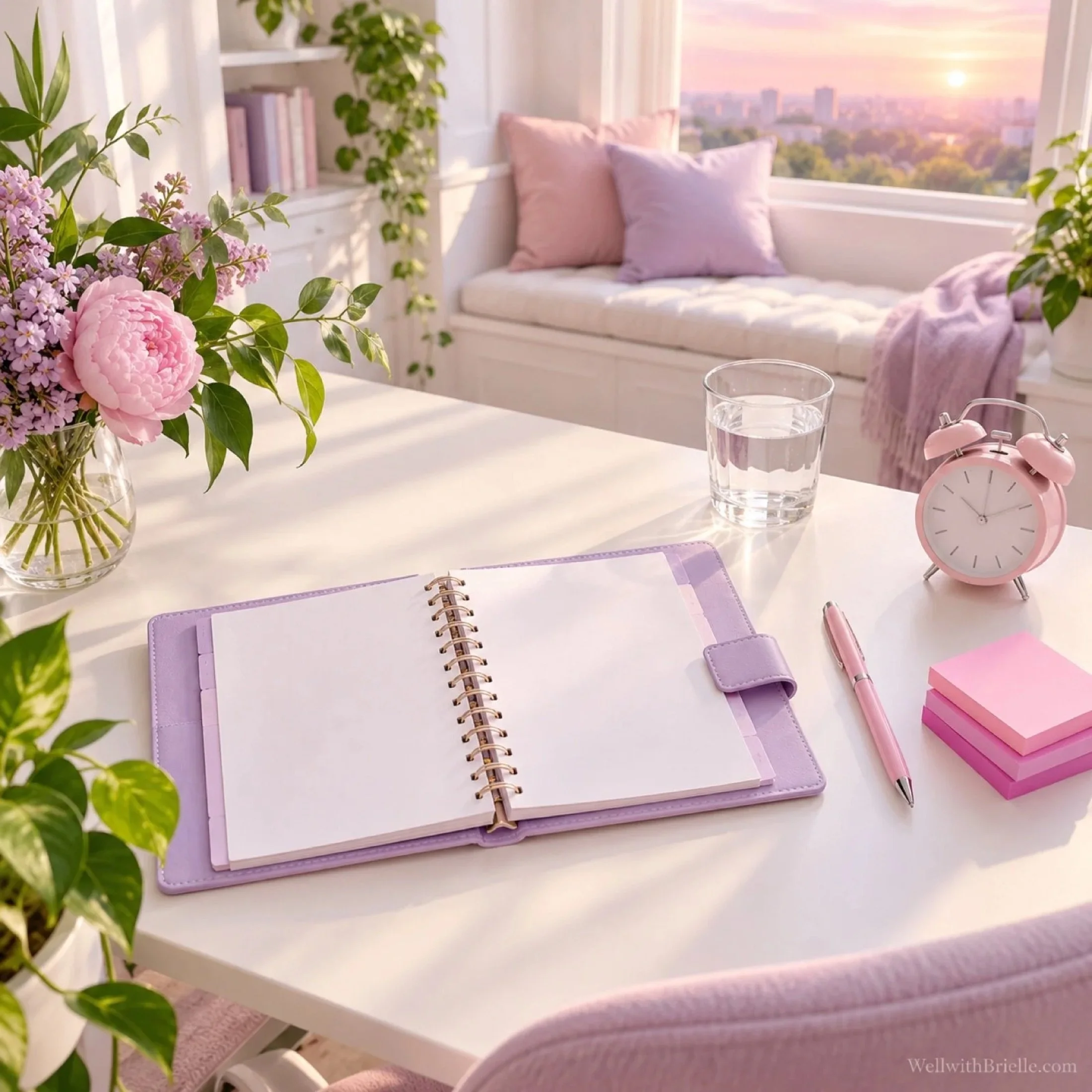 Lilac journal open on a bright desk