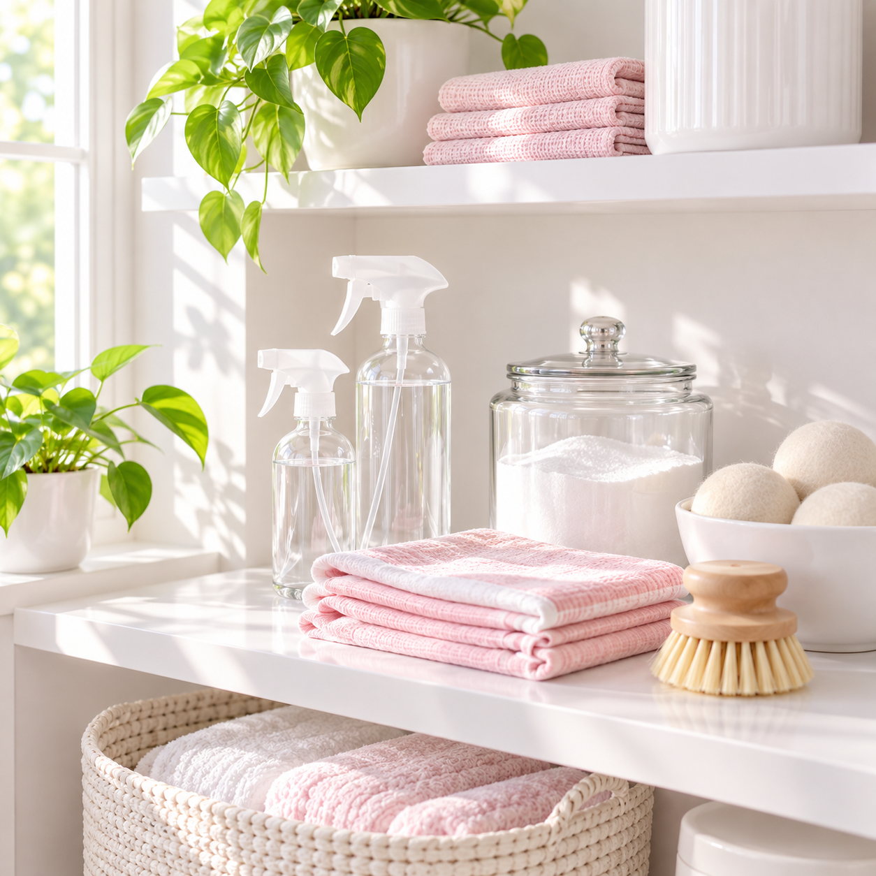 Cleaning shelf with clear glass spray bottles, wool dryer balls, a natural brush and pink cotton cloths